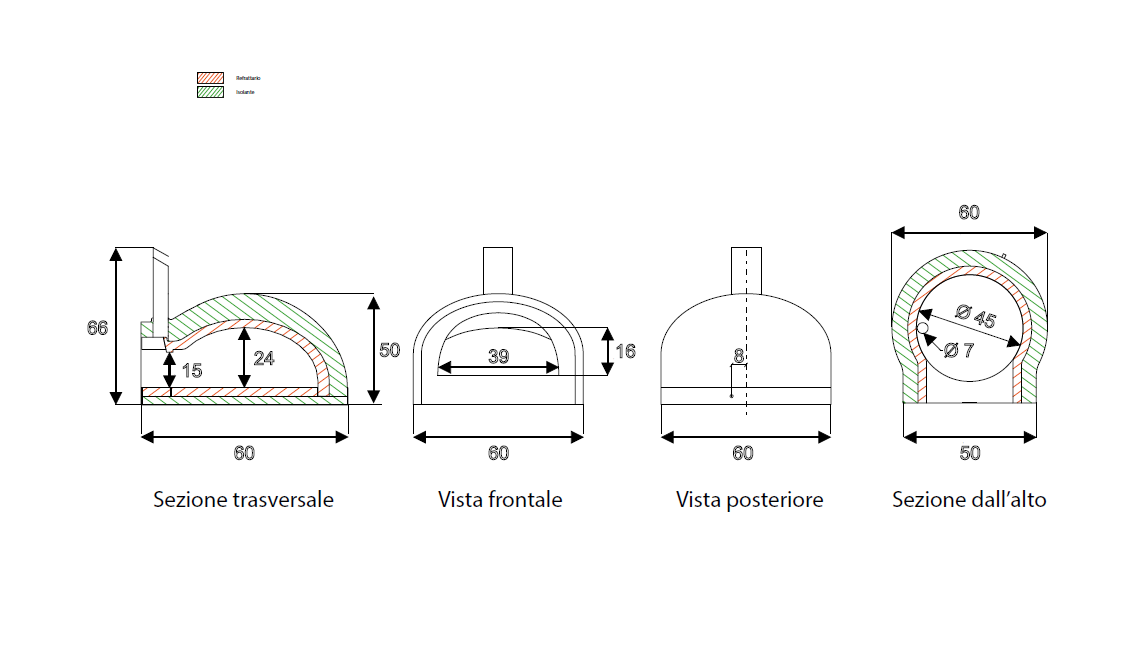 Disegno tecnico quotato con sezioni e viste del forno Zio Ciro