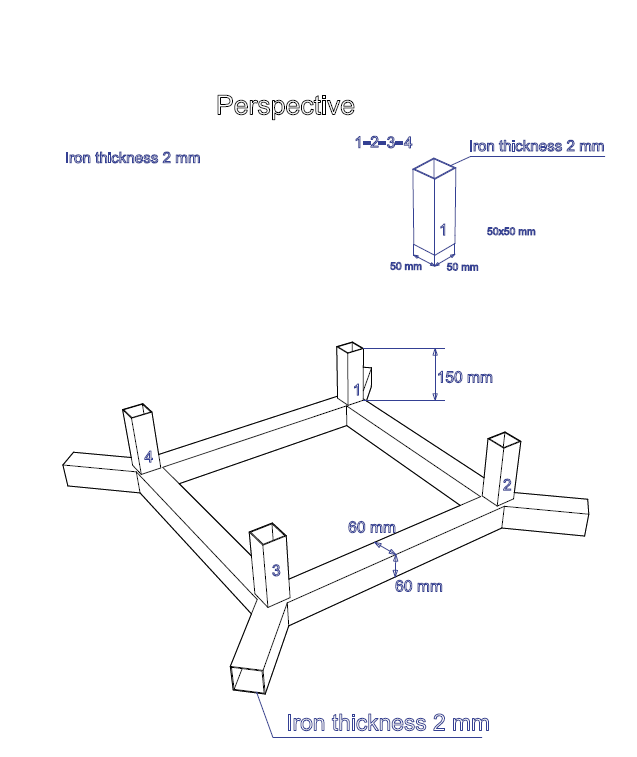 Disegno tecnico quotato del telaio in lamiera, vista di dettaglio