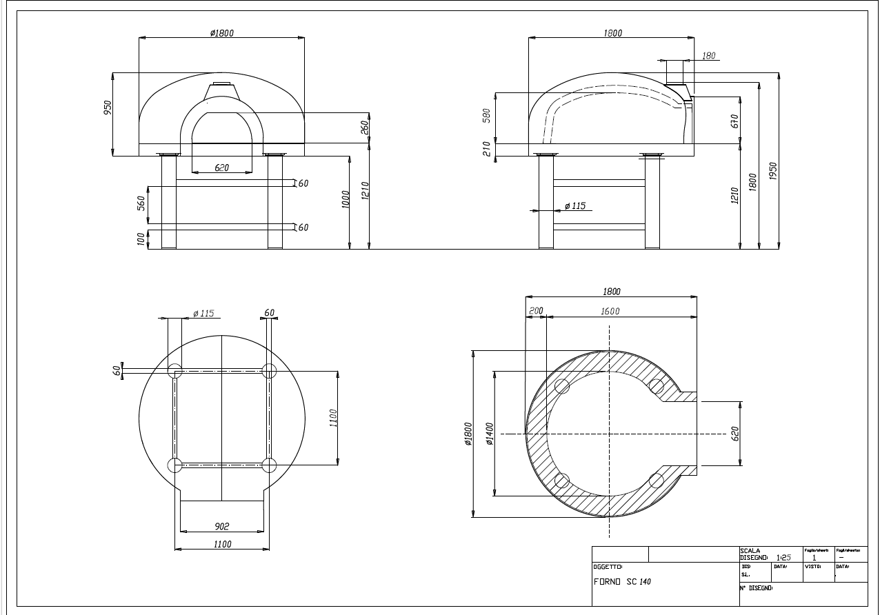 Disegno tecnico quotato del forno Zio Ciro, viste multiple